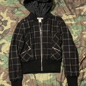 XXS plaid wool hooded‎ bomber jacket babydoll women's size L